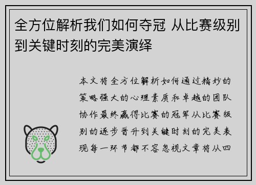 全方位解析我们如何夺冠 从比赛级别到关键时刻的完美演绎