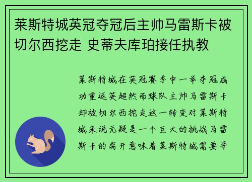 莱斯特城英冠夺冠后主帅马雷斯卡被切尔西挖走 史蒂夫库珀接任执教